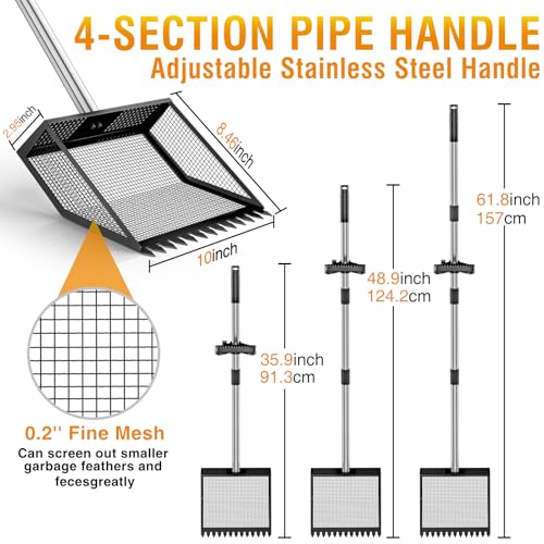 TOOGE Large Chicken Poop Scooper: 2-in-1 Metal Pooper Scooper & Rake Adjustable 62" Long Handle Stainless Steel Sand Sifting Litter Shovel Chicken Coop Scoop Cleaning for Bedding Goats Farm Yard Black - color: Black
