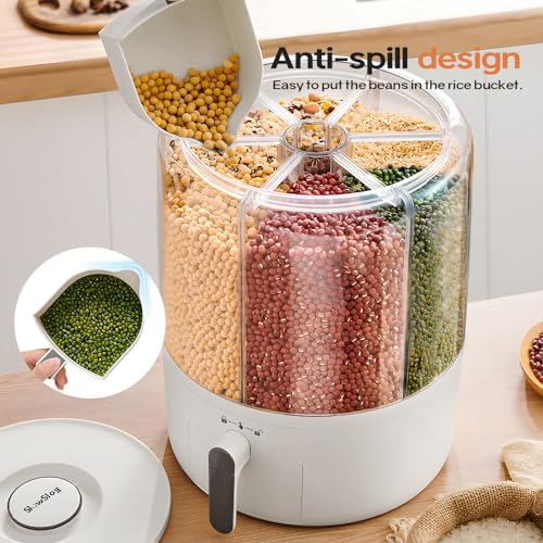 Grain and Rice Storage Container, 6 Grid Grain Dispenser, 360° Rotating 25lb Large Food Dispenser, Rice Dispenser Upgrade 6 Compartment Rotating, Airtight Storage White - size: PRO-L