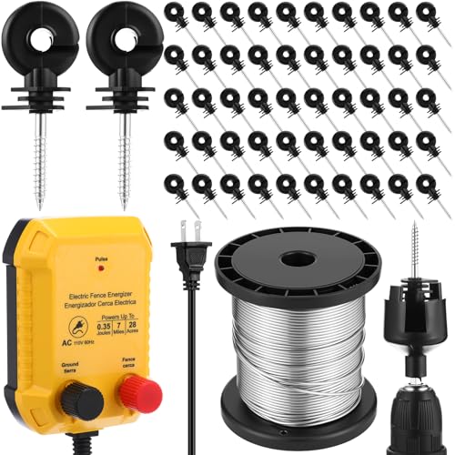 MorningRo Electric Fence Charger Set 110VAC 0.35 Joule Electric Plug in Fence to Contain Pet Poultry Keep Rodent, 50 Black Insulator and 1 Socket Tool 250ft Aluminum Wire for Garden Pond Protection - style: 0.35 Joule