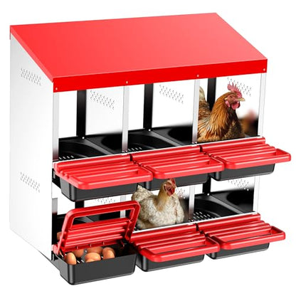 ZenxyHoC Two-Tier Chicken Nesting Boxes, Metal Chicken Egg Laying Box with Swing Perch and Rollout Egg Collection for Chicken Coop Red 6 Compartments - size: 6 Compartments