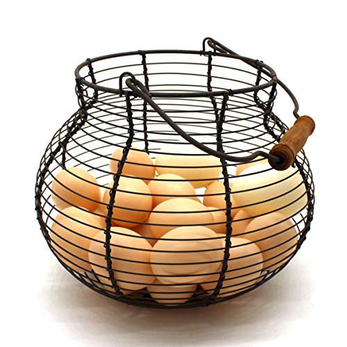 CVHOMEDECO. Antique Wire Egg Basket with Wood Handle Primitives Vintage Gathering Basket. Rusty - size: 8-1/4" Dia. x 7-1/4" H - Rusty