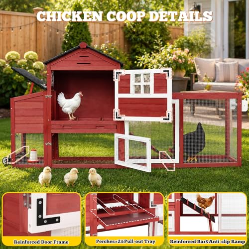Portable Chicken Coop with Wheels Poultry Cage, Wooden Chicken Coop for 4-6 Chickens, Nesting Box, Pull-Out Tray, Ventilated Windows, Asphalt Weatherproof Roof, 81.5" Lx25.6 Wx44.1 H, Red - color: Red