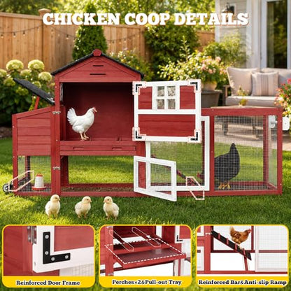 Portable Chicken Coop with Wheels Poultry Cage, Wooden Chicken Coop for 4-6 Chickens, Nesting Box, Pull-Out Tray, Ventilated Windows, Asphalt Weatherproof Roof, 81.5" Lx25.6 Wx44.1 H, Red - color: Red