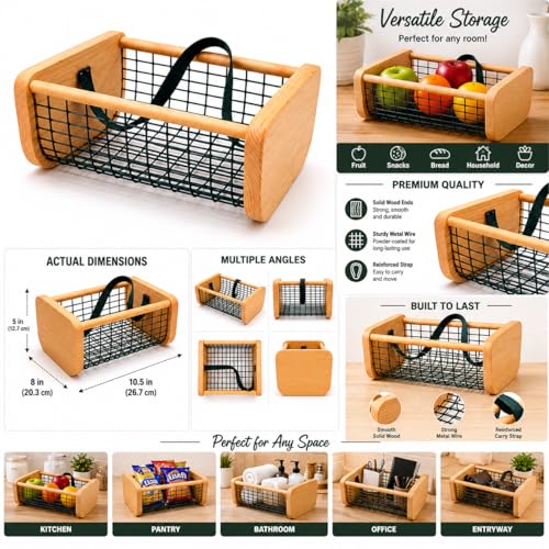 Garden Hod Harvest Basket – Wood & Wire Harvest Basket for Collecting Vegetables, Fruits, Flowers & Eggs, Rustic Farmhouse Basket with Solid Wood Ends for Garden, Kitchen Storage & Decorative Display
