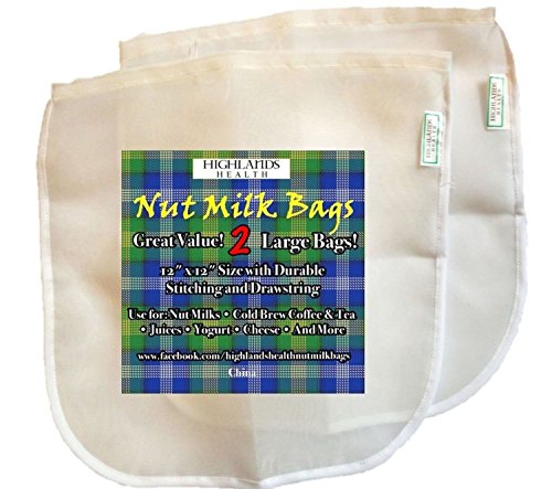 Nut Milk Bag - 2 Large 12"x12" - Reusable Commercial Grade Fine Nylon Mesh - Pulp Free Almond Milk - Tea and Cold Brew Coffee Filter - Juice and Yogurt Strainer - Cheesecloth Quality - And More