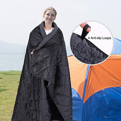 REDCAMP Large Warm Blanket with Sherpa Lining, Cold Weather Outdoor Blanket Windproof for Camping Stadium, Machine Washable 79"x 79" - color: 79"x 79" Black