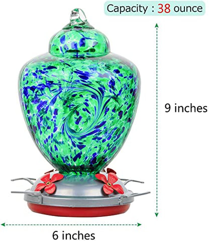 REZIPO Hummingbird Feeder with Perch - Hand Blown Glass - Green(Firework) - 38 Fluid Ounces Hummingbird Nectar Capacity Include Hanging Wires and Moat Hook, blue/Green - color: Blue/Green