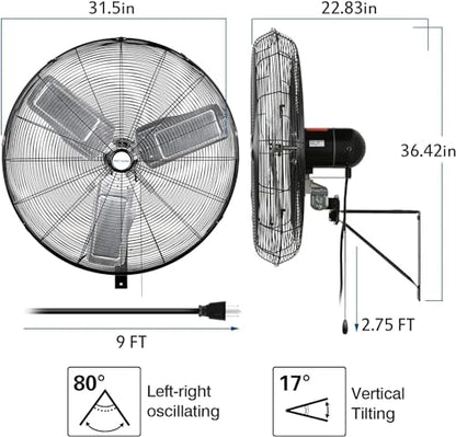 BILT HARD 30 in. 9500 CFM High Velocity Wall Fan, Industrial Wall Mount Oscillating Fan with 3 Speeds, Heavy Duty Shop Fan for Commercial, Garage, Warehouse, Workshops and Jobsites - size: 30 inch