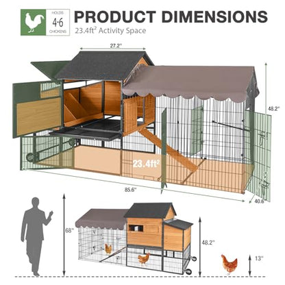 GUTINNEEN Large Chicken Coop with Metal Frame, Mobile Hen House with Wheels, Portable Poultry Cage with Run, Nesting Box, Waterproof Cover for 4-6 Chickens, Ducks - size: 85.6"L x 40.6"W x 48.2"H