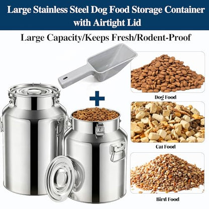 18 Lbs Stainless Steel Dog Food Storage Container with Scoop, Large Metal Dog Food Bin with Airtight Lid & Locking Clamp, Pet Food Container for Dogs & Cats, Keep Fresh, Easy to Clean - size: 18 Lbs