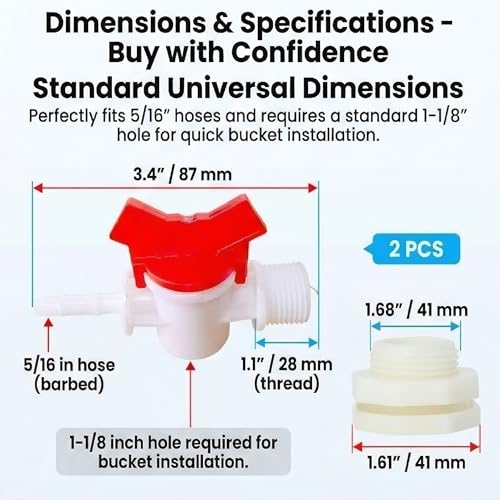 2 Pack Rabbit Watering System Bucket Connector Kit for 5/16" ID Hose, Includes Bulkhead Fitting, Barb Ball Valve & Mesh Filter Washer, Automatic Poultry Waterer Rain Barrel Spigot Kit, White