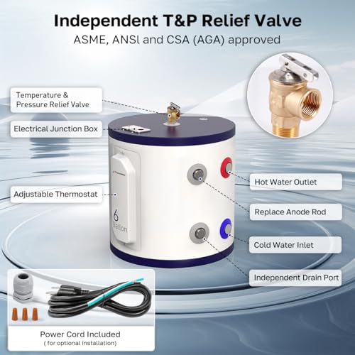 ThermoMate Tank Water Heater Electric, 6 Gallon Small Point of Use Residential Hot Water Heater, 1500W 120Volt Compact, Adjustable Thermostat, UL Listed (ES600) - style: 6 Gallons