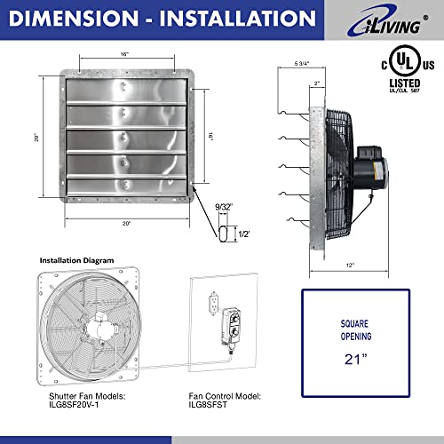iLIVING 20" Wall Mounted Shutter Exhaust Fan, Automatic Shutter, with Thermostat and Variable Speed controller, 2.2A, 3368 CFM, 5000 SQF Coverage Area Silver (ILG8SF20V-ST) - size: 20 Inches