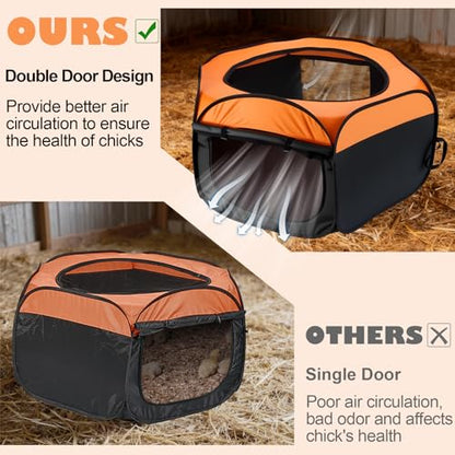 Brooder Box for Chicks, Pop-Up Chicken Brooder Playpen with Dual Doors, Mesh Top Cover & Waterproof Mat, Portable Chick Enclosure for Baby Chicks, Ducks & Quail, Holds Up to 15 Chicks