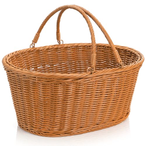 Wicker Picnic Basket, Large Empty Harvest Basket with Handle, Hand Woven Oval Willow Candy Storage Basket for Easter Eggs, Fruit, Flower, Wedding