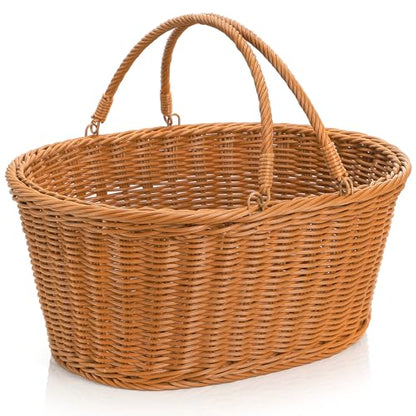 Wicker Picnic Basket, Large Empty Harvest Basket with Handle, Hand Woven Oval Willow Candy Storage Basket for Easter Eggs, Fruit, Flower, Wedding