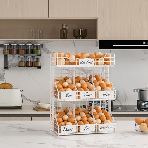 X-cosrack Egg Holder Countertop, 3 Tier Egg Rack with Labels Dividers to Separate Eggs, Stackable Wire Baskets for Fresh Egg, XXL Egg Dispenser for Countertop/Wall-Mounted, White (Patent Pending) - color: White
