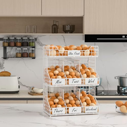 X-cosrack Egg Holder Countertop, 3 Tier Egg Rack with Labels Dividers to Separate Eggs, Stackable Wire Baskets for Fresh Egg, XXL Egg Dispenser for Countertop/Wall-Mounted, White (Patent Pending) - color: White