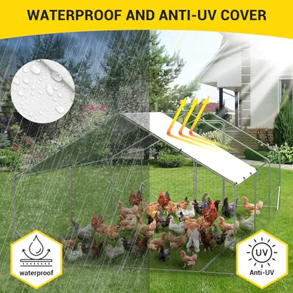 9.8' x 19.7' x 6.6' Chicken Coop Run, Galvanized Steel Chicken Pen with Anti-Ultraviolet Waterproof Cover, Spire-Roof Walk-in Poultry Cage, Metal Chicken Coop for Outdoor Farm Use - size: 9.8' W x 19.7' L x 6.6' H