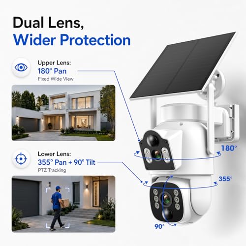 CAMCAMP Solar Security Cameras Wireless Outdoor, 4 Cameras Dual-Lens PTZ with 10CH NVR & 500GB HDD, 2K Color Night Vision, Spotlight, Dual PIR Detection, 2-Way Talk, IP66 Cameras for Home Security - color: 4