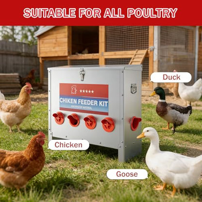 85 lbs Large Automatic Chicken Feeder, No Waste Gravity Fed Poultry Feeder with Latch & Handle, Rat Proof Galvanized Weatherproof Feeder for Chickens, Bantams, Poultry Coop, 6 Ports (Wall-mountable) - color: 6 Ports
