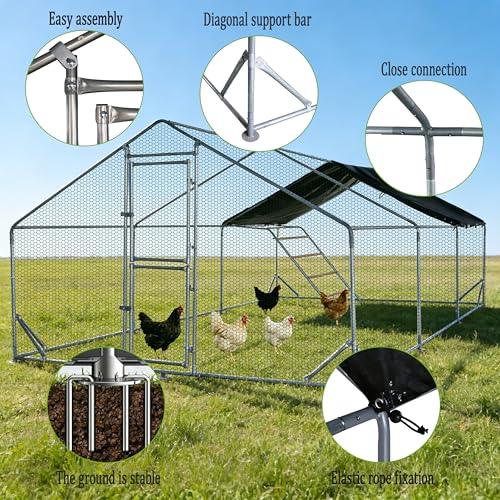 XCL Large Metal Chicken Coop, 13×10×6.5FT Walk-in Chicken Run, Spire Roof Poultry Cage with Waterproof Anti-UV Cover, Roosting Perch Outdoor Backyard Farm Enclosure for Duck Chicken (3-Unit Coop) - size: 3-Unit Coop