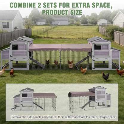 Large Mobile Chicken Coop with Run, 79" Outdoor Wooden Poultry Cage on Wheels, All-Steel Frame Hen House, Waterproof Roof, Nesting Box, for 4-6 Chickens - color: Grey (AIR7008)