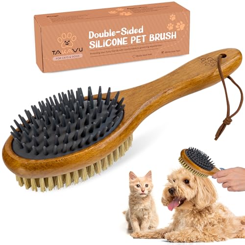 TAKAVU Short Hair Dog & Cat Deshedding Brush - Double Sided Grooming Tool with Silicone Massage & Bristle Sides - Removes Loose Fur & Dirt - Wood Handle - color: White Boar Bristle & Silicone Brush