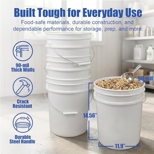 ePackageSupply 5 Gallon Bucket - Food Grade w/Lid BPA-Free, 6 Pack - White | Airtight Gasketed Tear Strip Lid, Heavy-Duty 90 Mil HDPE Plastic Pail, Bulk Storage, Food Safe Durable Container, Made in USA - color: White, size: 6 Packs