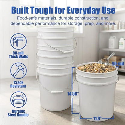 ePackageSupply 5 Gallon Bucket - Food Grade w/Lid BPA-Free, 6 Pack - White | Airtight Gasketed Tear Strip Lid, Heavy-Duty 90 Mil HDPE Plastic Pail, Bulk Storage, Food Safe Durable Container, Made in USA - color: White, size: 6 Packs