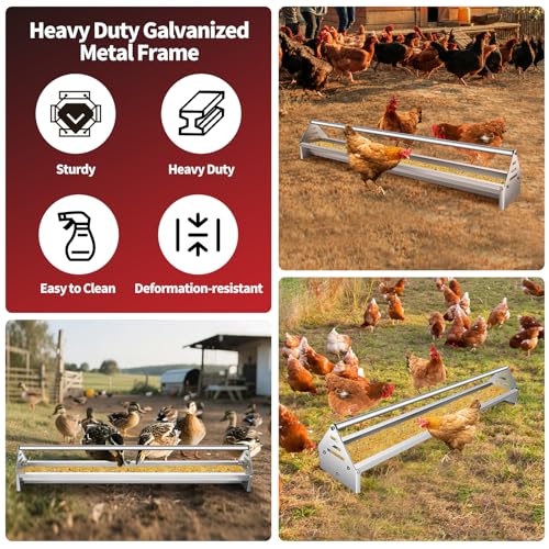 RYFT Chicken Feeding Trough 45", Heavy Duty Galvanized Steel Chicken Feeder with Crossbar, Holds 12 Chickens with Drainage Holes, Large Capacity Poultry Feeder Trough for Duck Geese Turkey Pigeon