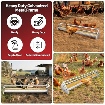 RYFT Chicken Feeding Trough 45", Heavy Duty Galvanized Steel Chicken Feeder with Crossbar, Holds 12 Chickens with Drainage Holes, Large Capacity Poultry Feeder Trough for Duck Geese Turkey Pigeon