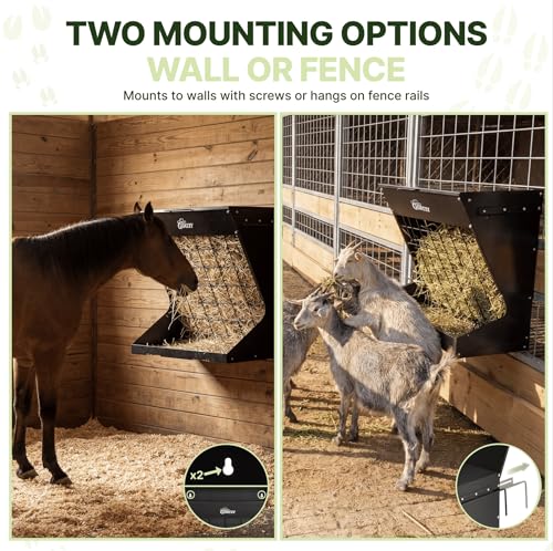 Wall Mount Hay Rack And Hay Feeder For Goats Sheep And Horses, Covered Galvanized Steel Goat Hay Feeder With Hinged Roof, 25 Gallon 2-In-1 No Waste Hanging Holder Grain Bin with hook For Cattle - color: Black
