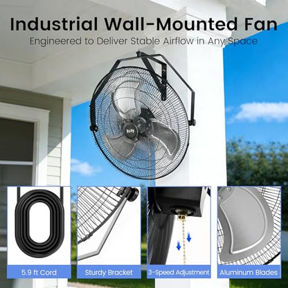 Xcity Wall Mount Fan 18", 3-Speed, Multi-angle Adjustment Model | 4400 CFM, 150°Oscillation & 360°Tilt Angle, 6 ft Cord, Outdoor , Patios，Greenhouse - size: 18'' Pro