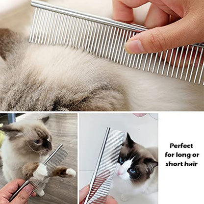 Dog Combs for Grooming, 2 Pack Metal Dog Comb with Rounded Teeth, Stainless Steel Cat Comb for Removing Tangles and Knots for Dogs and Cats