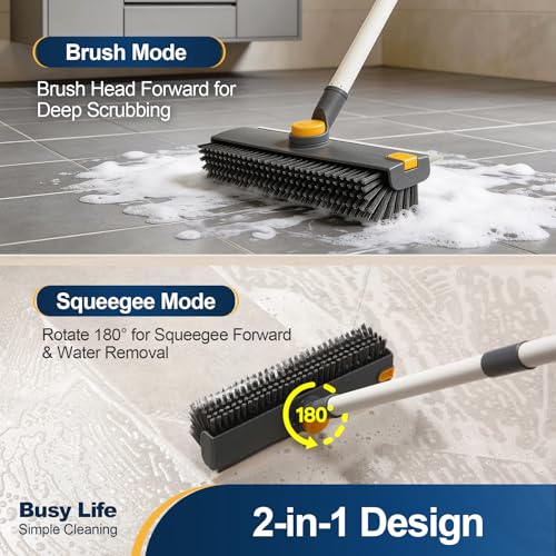 Yocada Floor Scrub Brush with Long Handle 3 in 1 Dual-Sided Stiff Bristle Scrubber Brush and Scrape Squeegee Indoor&Outdoor for Cleaning Bathroom Kitchen Patio Pool Garage Wall Deck 53.9"