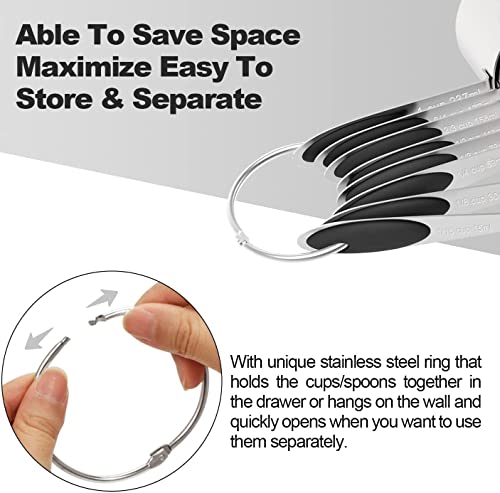 Measuring Cups & Spoons Set of 16, Wildone Stainless Steel Measuring Cups and Measuring Spoons with Black Silicone Handle, Including 8 Nesting Cups, 8 Spoons, for Dry and Liquid Ingredient | 8 Measuring Cups and 8 Measuring Spoons, Nesting Design, Heavy D