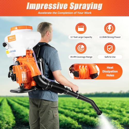 3.7 Gallon Backpack Sprayer, Gas-Powered Sprayer with 2.13kW 2-Stroke Engine, 39.4ft Range Agricultural Sprayer, Heavy-Duty Knapsack Mist Duster for Garden, Farm,Weed & Fertilizer Spraying