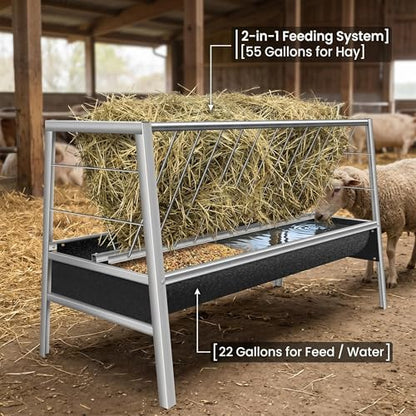 77 Gallon Hay Feeder, 2-in-1 Livestock Feeder for Goats Sheep Calves Horses, Stainless Steel Goat Feeder with Rubber Trough