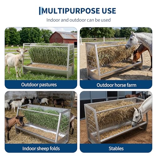 Garvee 5 ft Pasture Hay Feeder, Heavy Duty Galvanized Steel 2-in-1 Hay & Grain Feeder, 60 Gallon Large Capacity, Outdoor Livestock Feeder for Goats, Sheep, Pony & Miniature Horses