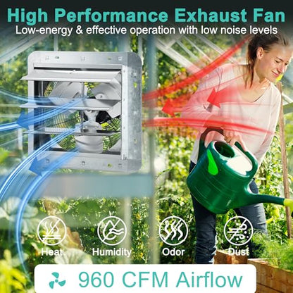 12 Inch Shutter Exhaust Fan with Thermostat and Speed Controller, Wall Mounted Vent Fan for Attic, Greenhouse, Shed, Garage, Chicken Coop, Shop Ventilation, 960 CFM, 1400 SQF Coverage Area - size: 12 Inch