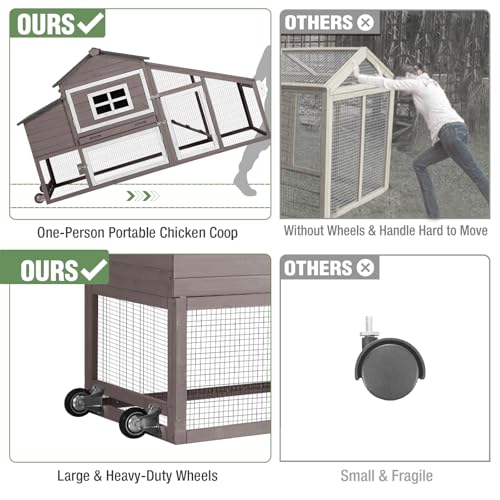 Large Wooden Chicken Coop Mobile Poultry Cage Hen House with Wheels, Nesting Box, Leakproof Pull-Out Tray, Weatherproof Roof for 3-5 Chickens, 72.3" L x 26" W x 39.4" H (Brown)