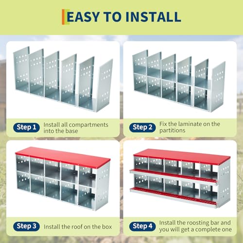 Metal Chicken Nesting Boxes - 10 Hole Wall-Mountable Laying Boxes with Flip-Top Lid & Roll-Away Egg Collection, Weatherproof Galvanized Steel, Includes 10 Fake Eggs for Chicken Coop, Red - color: Red, size: 10 compartment with Flip-top Egg collection box