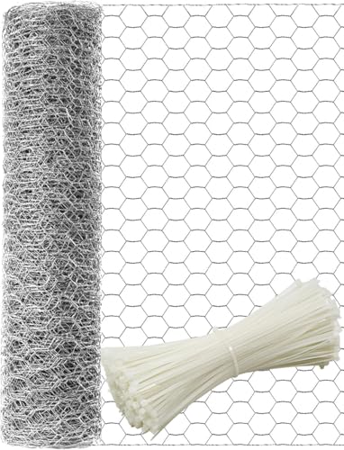 16in x 82ft Chicken Wire, TOYPOPOR 40cm x 25m Poultry Wire Netting Hexagonal Galvanized Mesh Garden Fence Barrier for Pet Rabbit Chicken Fencing (16In x 82FT) - size: 16 in x 82 ft (100 Ties)