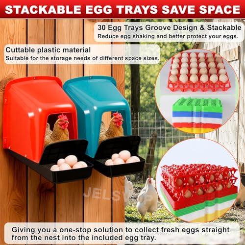 Chicken Nesting Box with Plastic Egg Trays, 10 Pack Nesting Boxes for Chickens with Egg Collection, Breathable Chicken Laying Boxes & Stackable Egg Tray for Chicken Coops and Farms - Red - color: Red