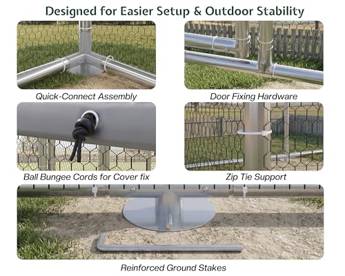 26×10 FT Extra Large Walk-in Chicken Coop, Spire Roof Chicken Run with Cover, Front & Rear Doors, Feeding Door, Roosting Ladder, Galvanized Steel Frame - size: 298.4"L x 118.1"W x 77.6"H