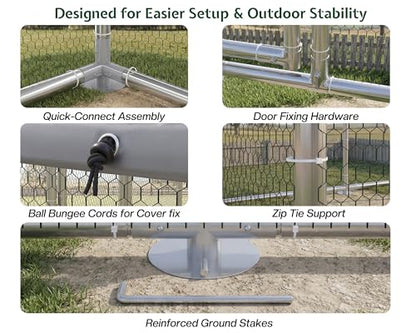 32×10 FT Extra Large Walk-in Chicken Coop, Spire Roof Chicken Run with Cover, Front & Rear Doors, Feeding Door, Roosting Ladder, Galvanized Steel Frame - size: 372.4"L x 118.1"W x 77.6"H