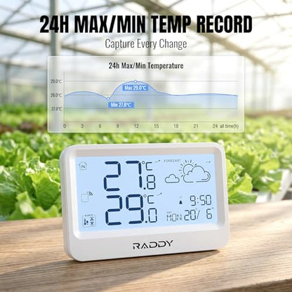 Raddy WF-60 Digital Home Weather Station, Indoor Outdoor Thermometer with Weather Forecast, Professional Temp Monitor with Frost Alarm, Alarm Clock, Battery Operated, for Home Garden