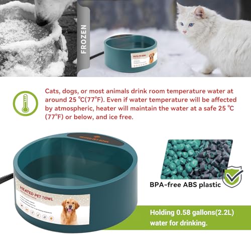 Namsan Heated Water Bowl for Cats Outdoor, 2.2L, Heated Pet Bowls for Chickens Rabbits Farm Animals, Heating Dog Bowl Ice Free in Winter, Thermal-Bowls Warm Water Bird Bath Dish, Green