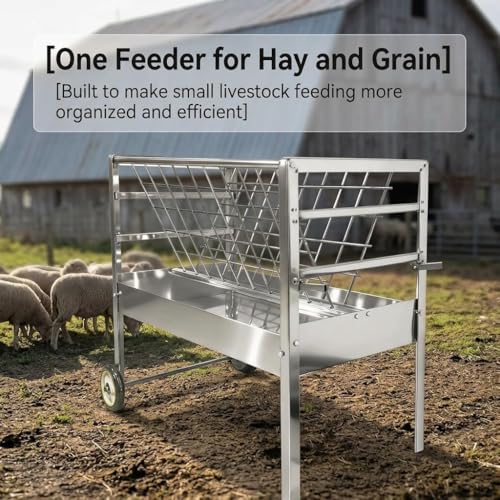 Wheeled Livestock Feed Trough, Galvanized Steel Hay Rack with Waste Reduction Tray, 2-in-1 Feeder for Goats Sheep and Lambs in Pasture